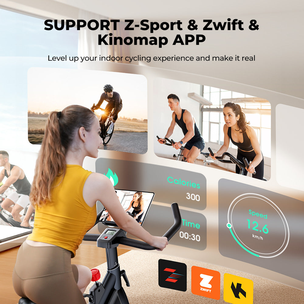 Cyclist at home enjoying an immersive virtual ride on the TEB1 indoor exercise bike, fully connected via mobile app.