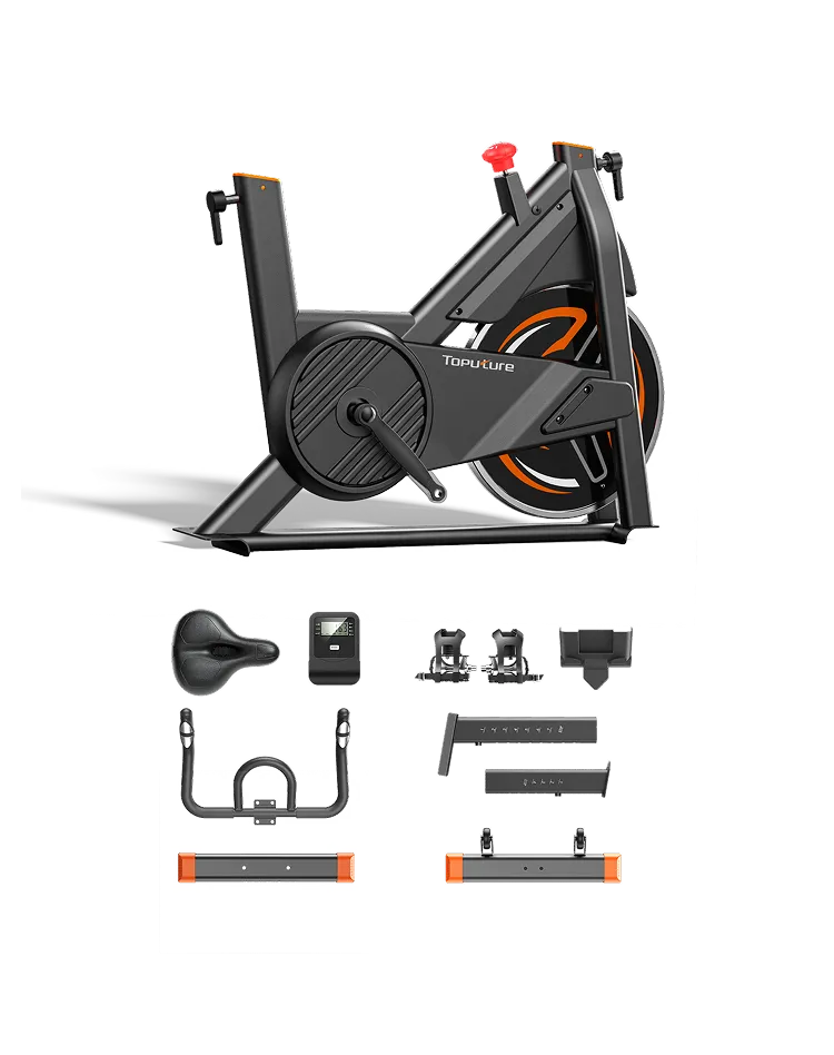 Top gym indoor cycling bike with all parts displayed on a white background