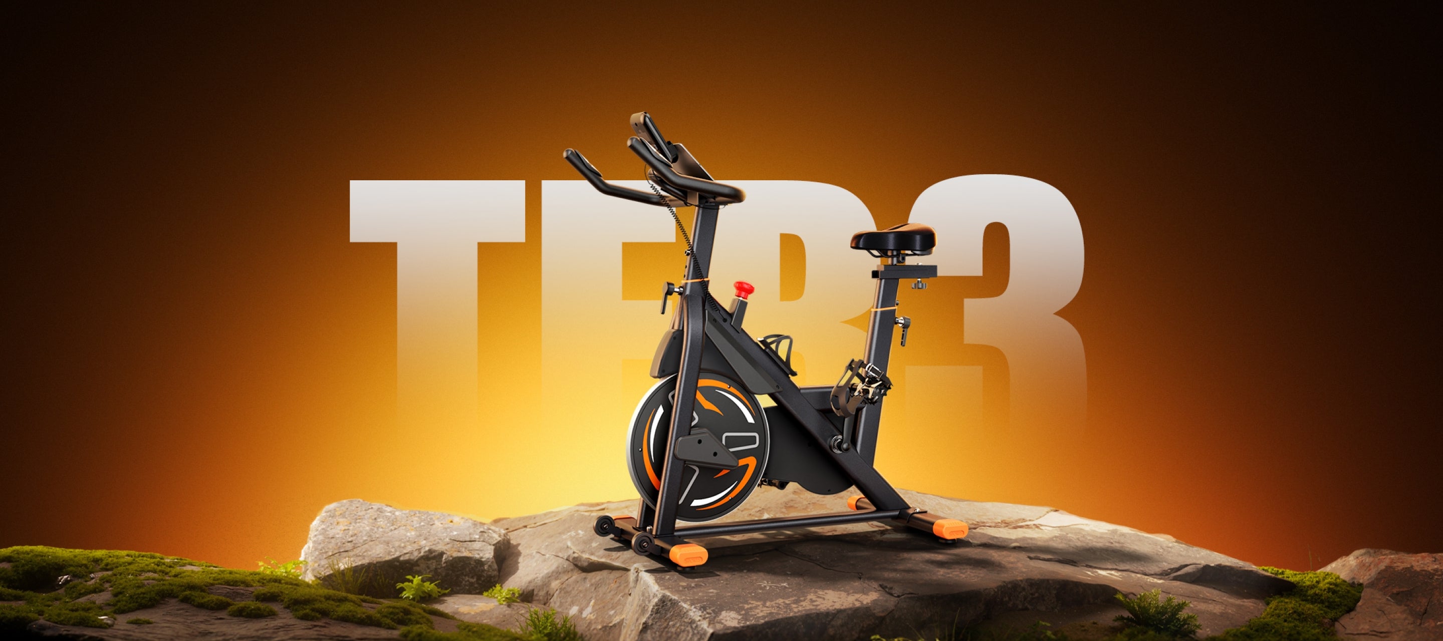 TEB3 indoor exercise bike in a dark setting, featuring a sleek black and orange design with striking orange accents and glow.
