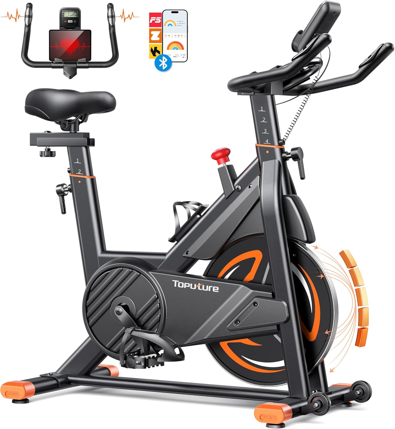 TEB3 indoor bike, highlighting the flywheel housing, adjustable handlebars, and integrated smart app display.
