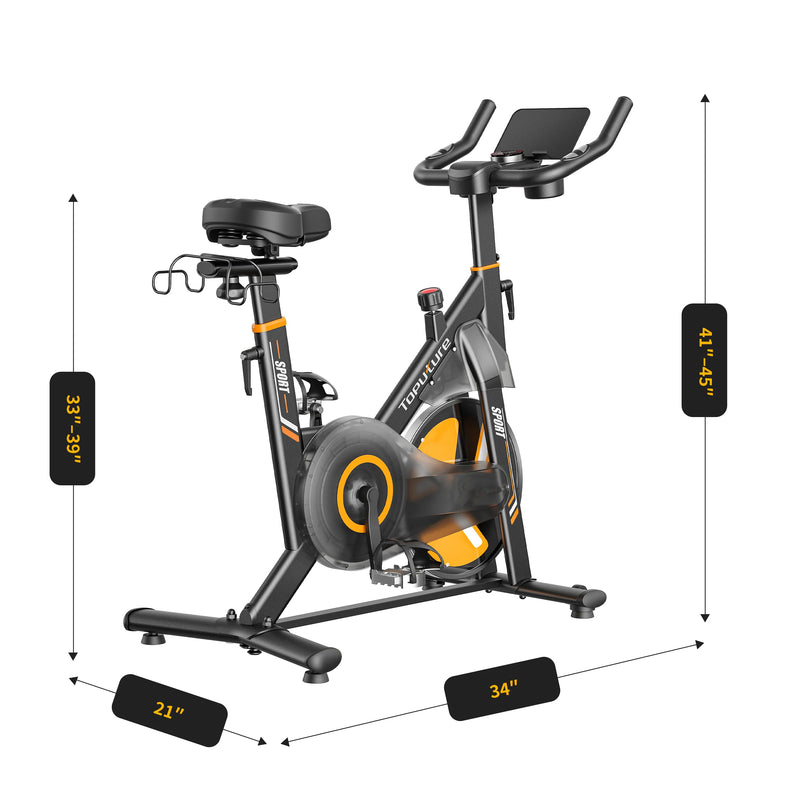The images show the TEB5 exercise bike's seat height, handlebar height, and its length and width.