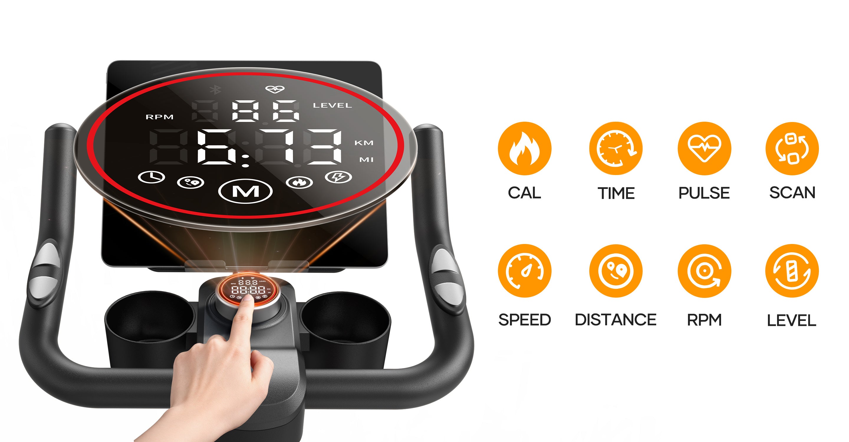 The image shows the TEB5 exercise bike's electronic display screen, which supports speed, distance, time, calories, heart rate, and total ODO mileage detection.
