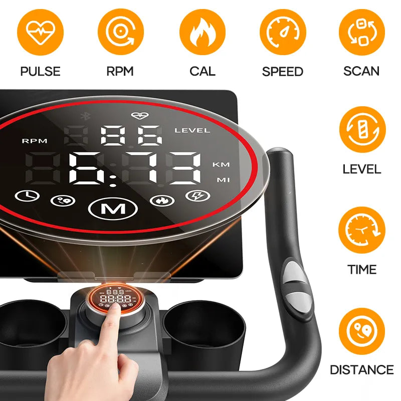 The image shows the TEB5 exercise bike's electronic display screen, which supports speed, distance, time, calories, heart rate, and total ODO mileage detection.
