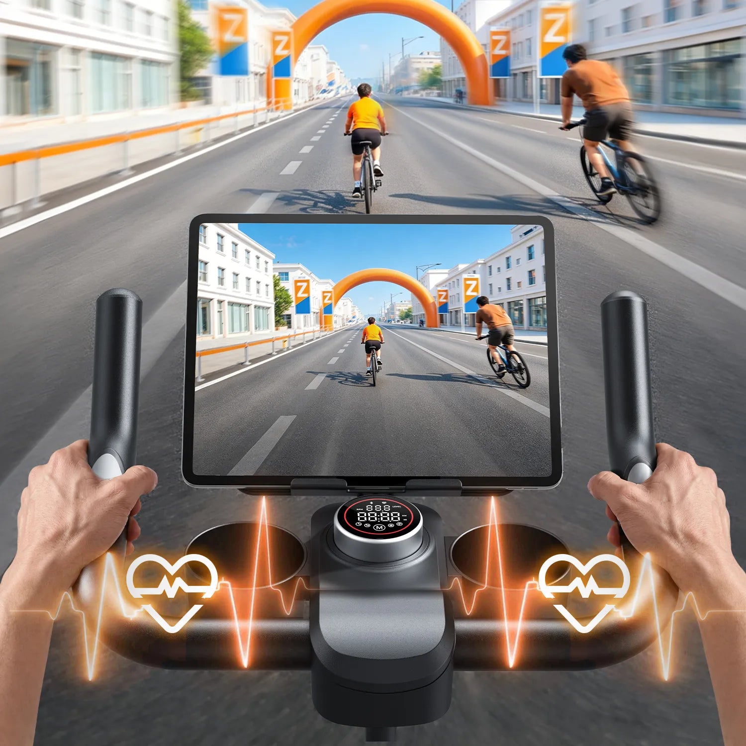 The image shows a heart rate test being conducted using a TEB5 exercise bike.