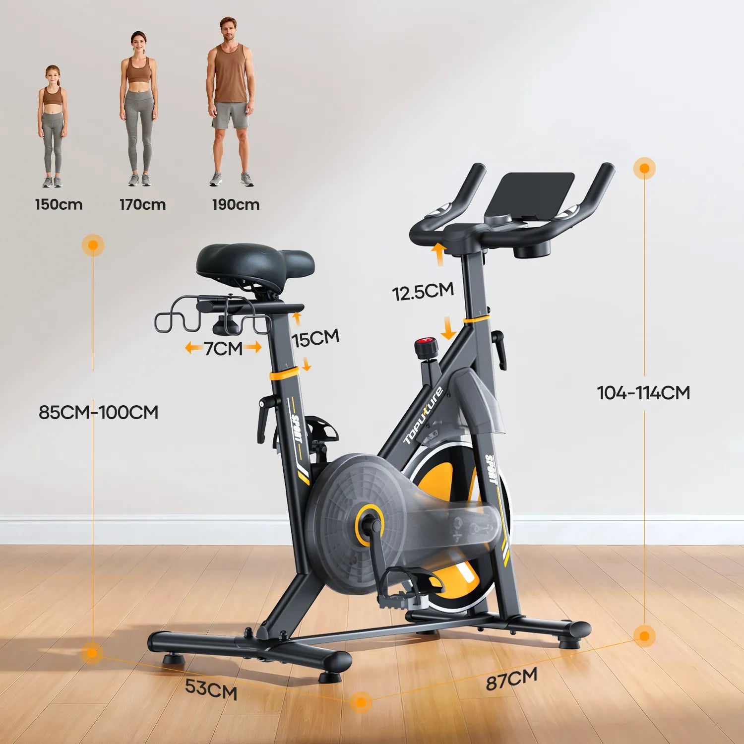 The image shows the TEB5 exercise bike with a 4-way adjustable seat and 2-way adjustable handlebars, supporting heights from 150-190cm.