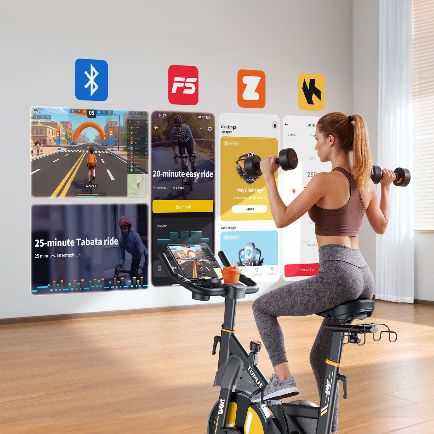 The image shows a young woman using a TEB5 exercise bike while lifting dumbbells.