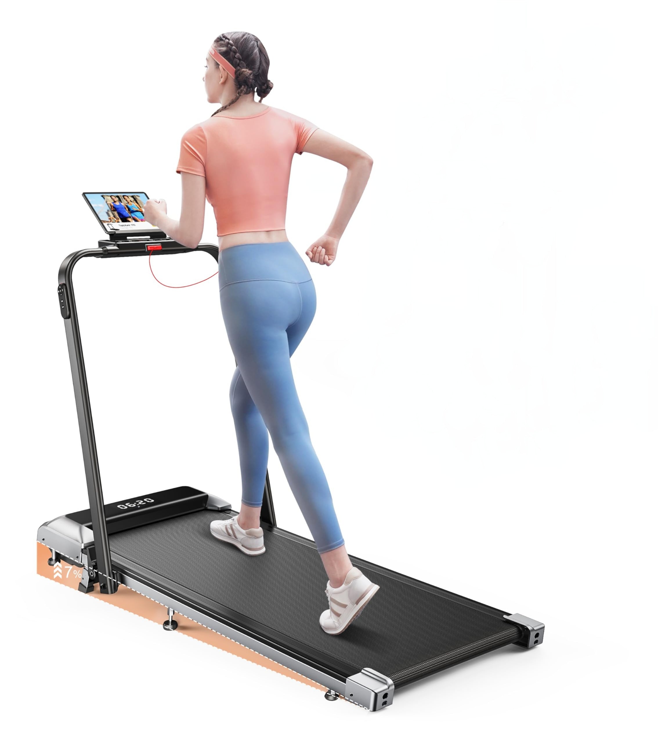 A woman walking on the TP2 Walking Pad, showcasing the sleek and compact design of the entire machine.