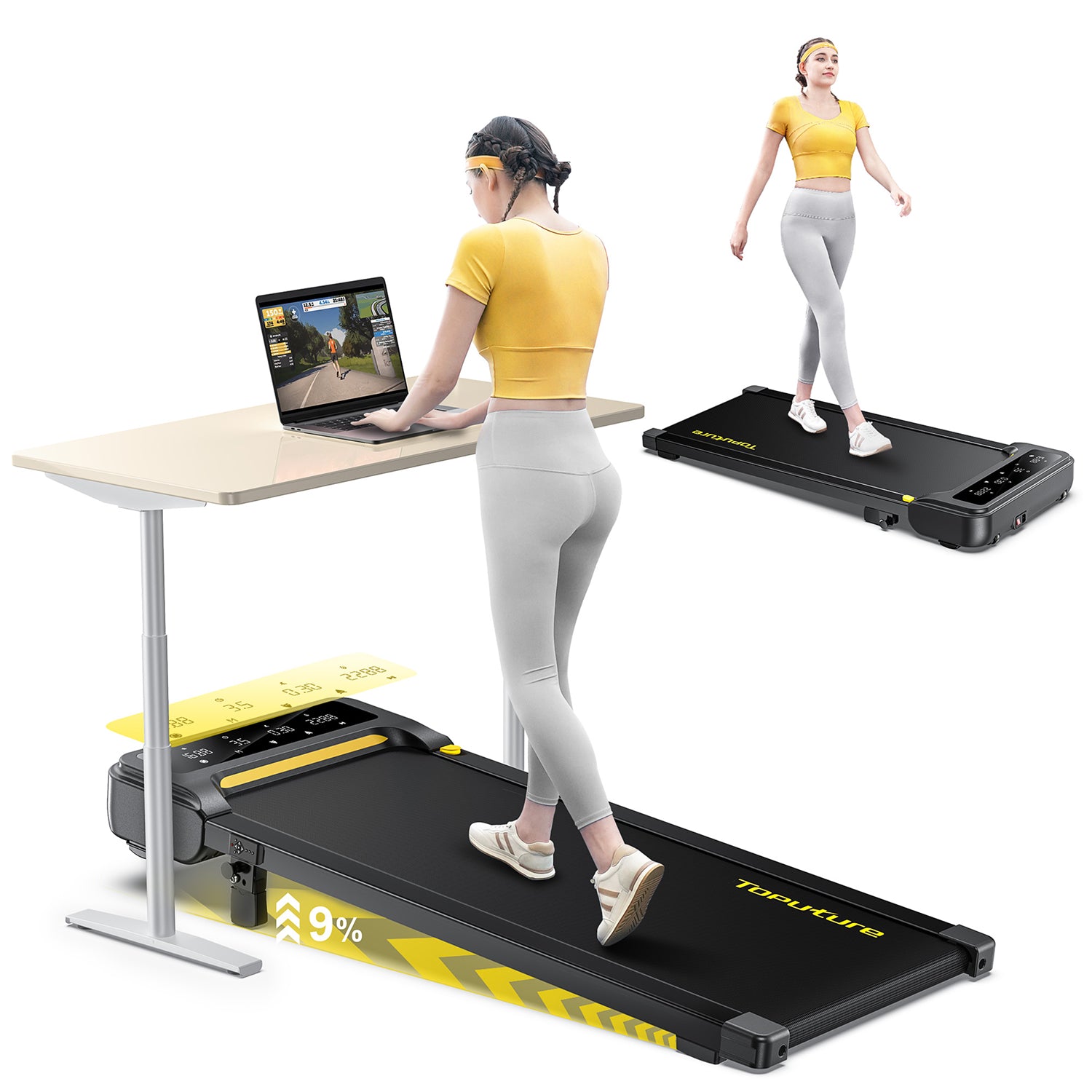 The versatile TP3 treadmill fits under a desk for work or can be used for dedicated walking workouts, adapting to your day.