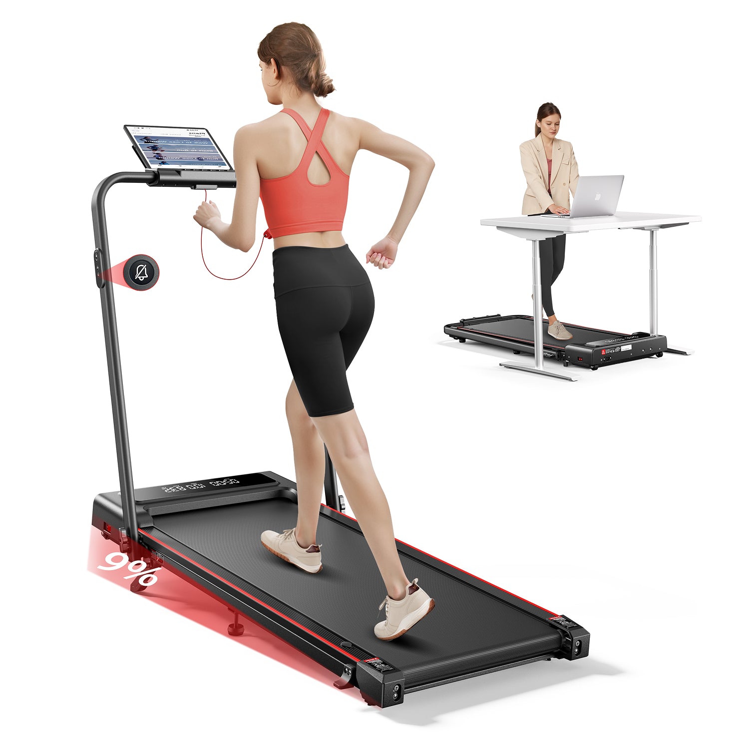 TP4 walking pad treadmill: used for under-desk walking at 0% and for intense climbing at a 9% incline.