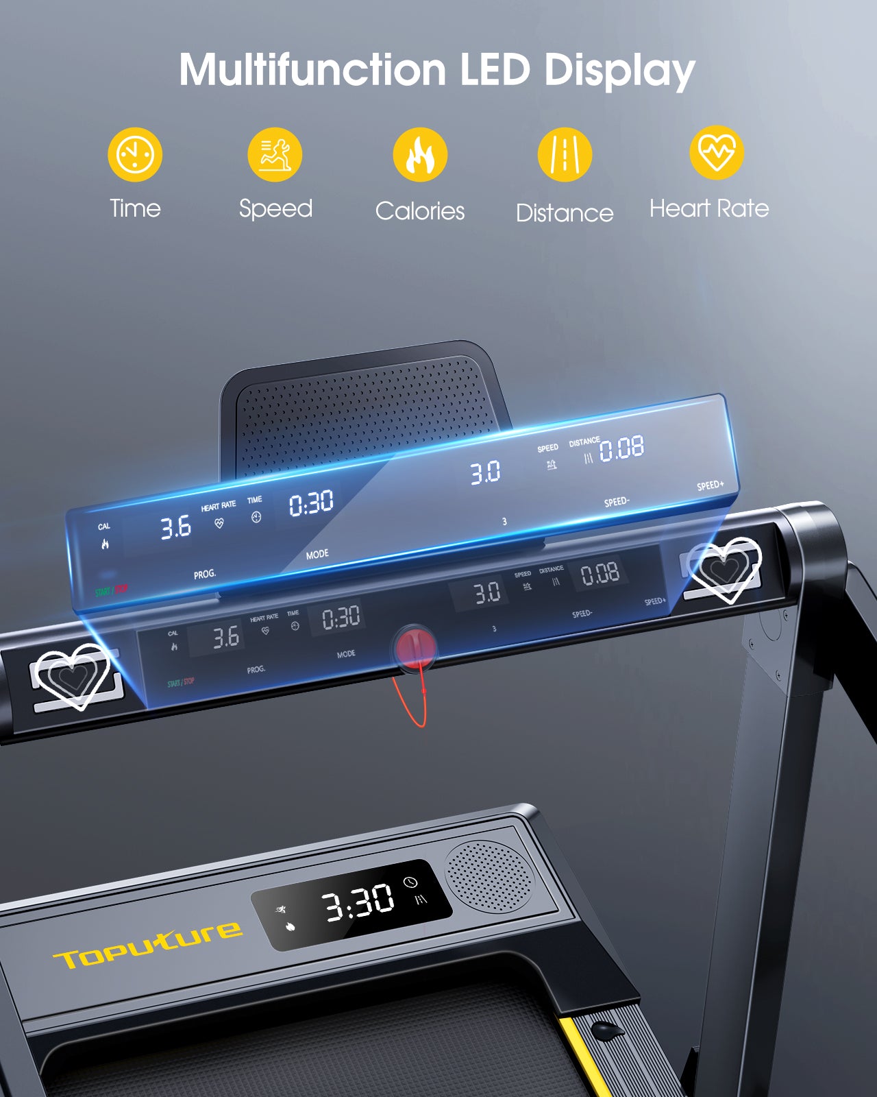 Close-up of TP5 treadmill LED screen displaying multi-function fitness data clearly.
