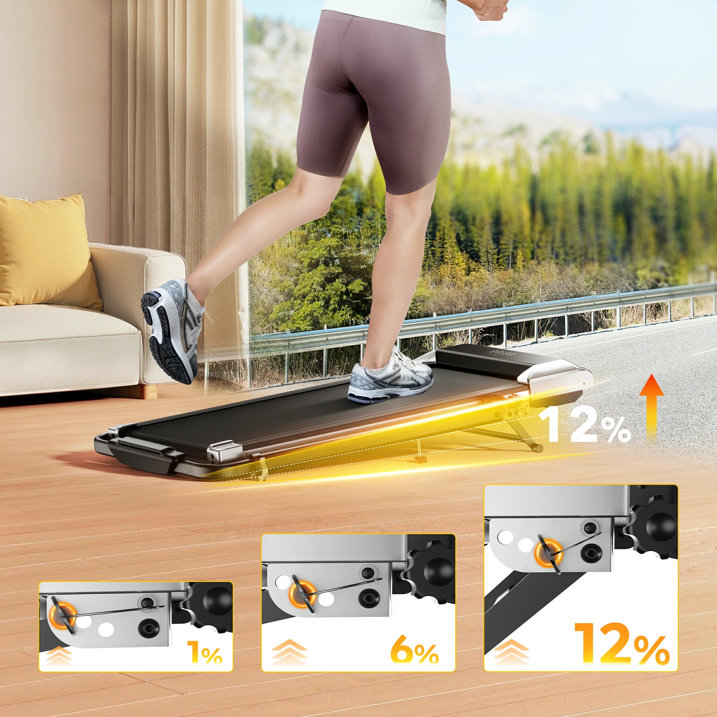 A person running on a treadmill, with three incline level indicators shown below: 1%, 6%, and 12% for customizable intensity.