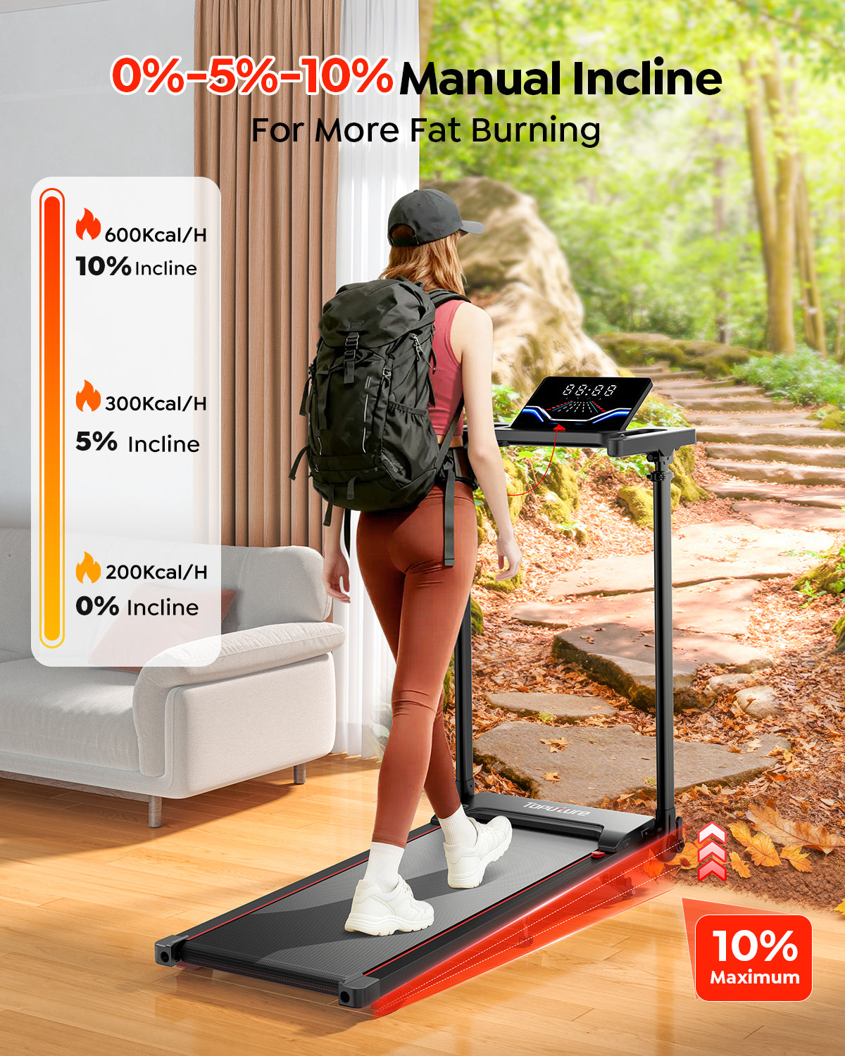 TP7 treadmill offering 0%, 5%, and 10% incline. Here, a woman simulates a hike on the 10% slope. 