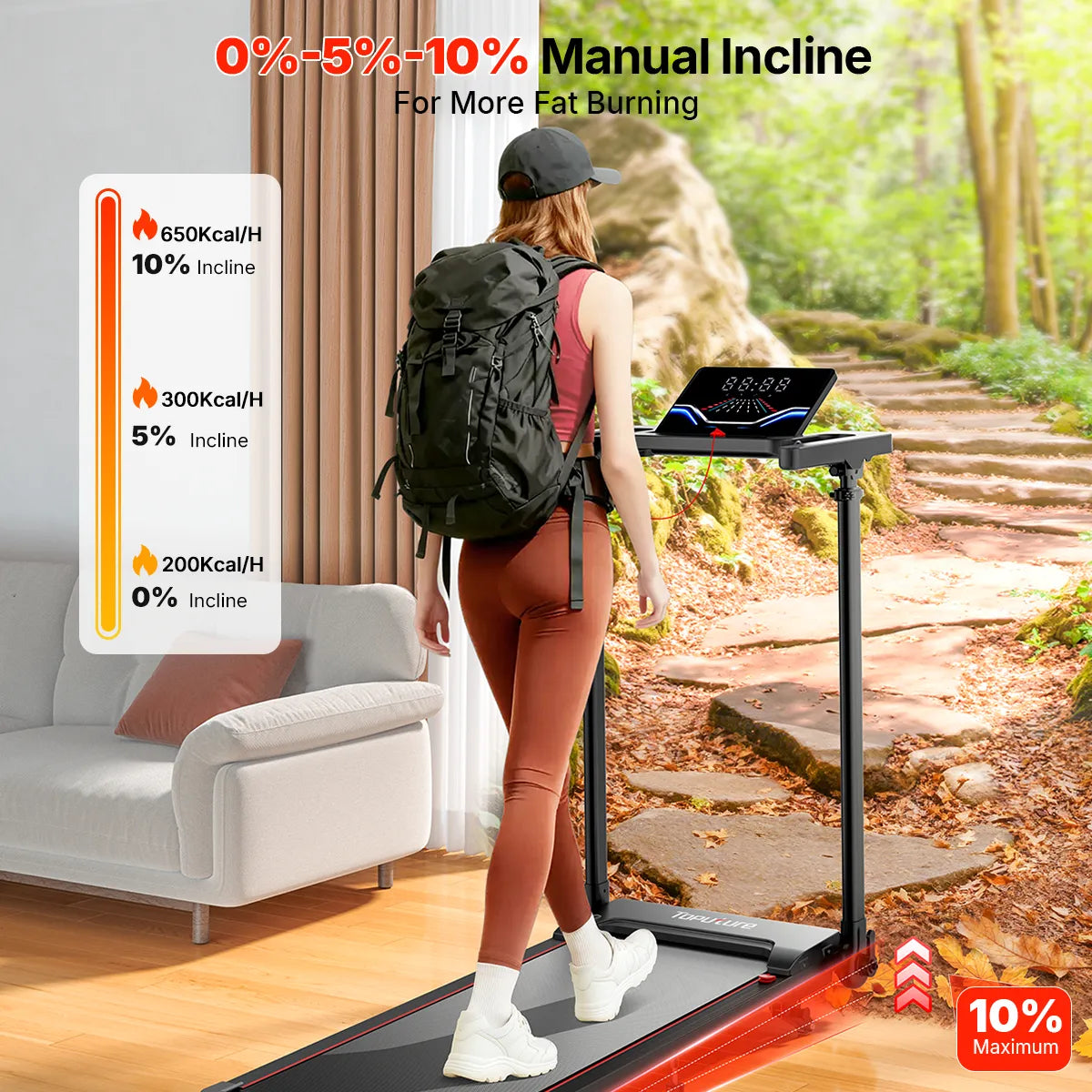 Woman using a TP7 treadmill with an incline feature, showing calorie burn rates on a digital display.