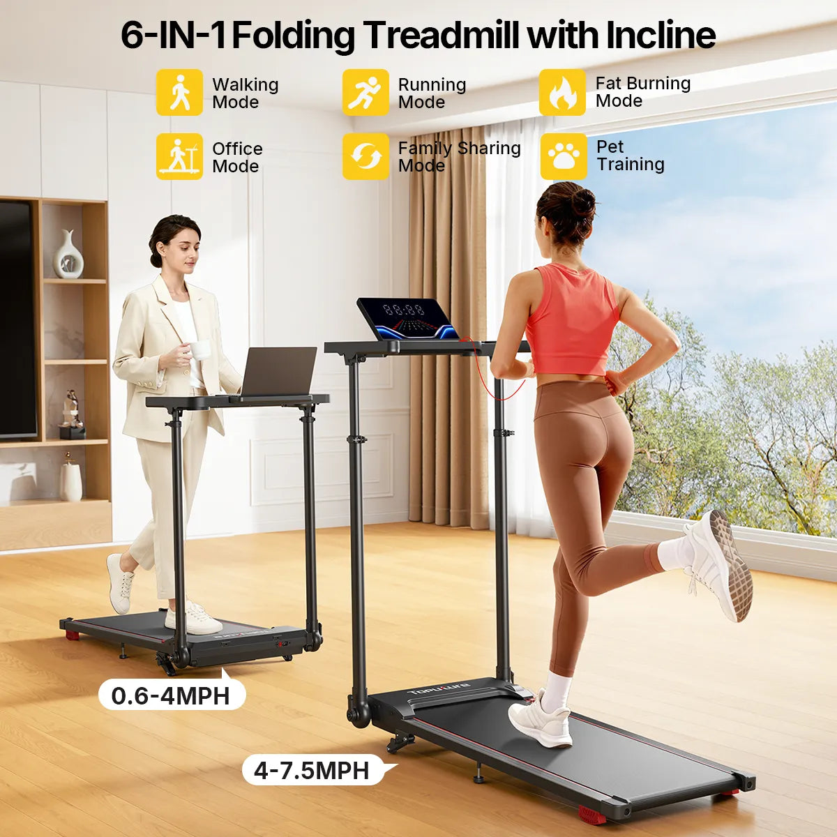 TP7 treadmill features a speed range of 0.6-7.5 MPH. walking, running, fat burning, home office walking, and pet training modes.
