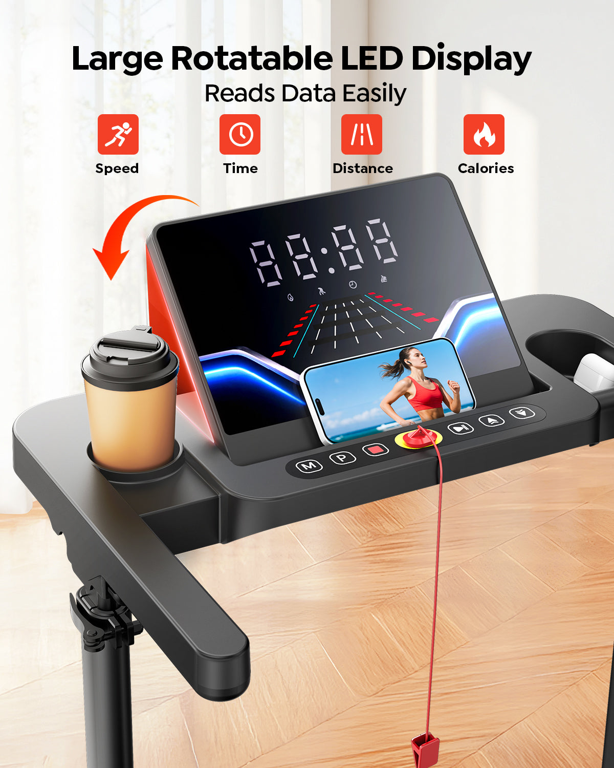TP7 treadmill console featuring a clear LED display for stats, integrated cup holder, and media tablet holder. 