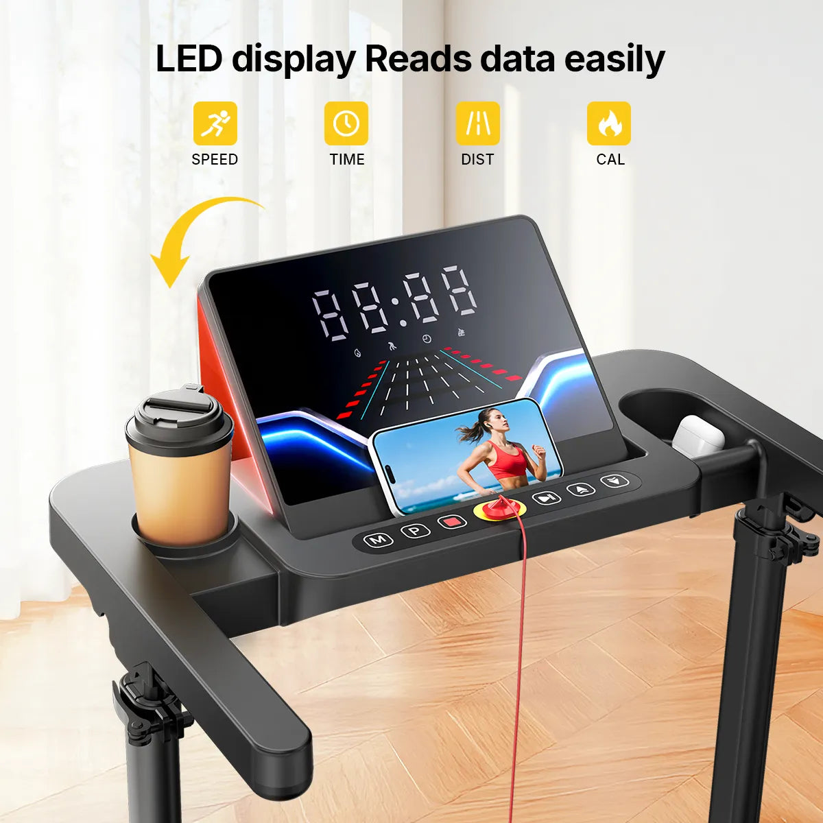 TP7 treadmill console featuring a clear LED display for stats, integrated cup holder, and media tablet holder. 