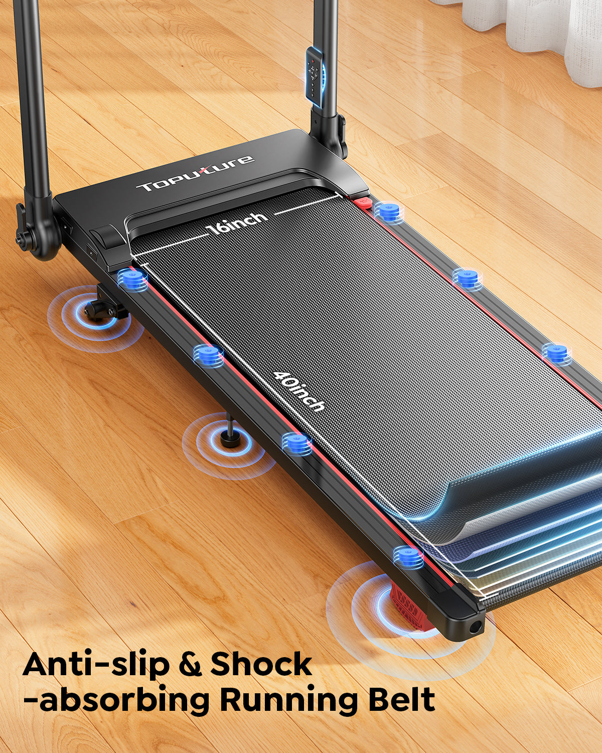 TP7 treadmill with 8 shock absorption points and 7 layers of cushioning, plus a 40" x 16" running belt. 