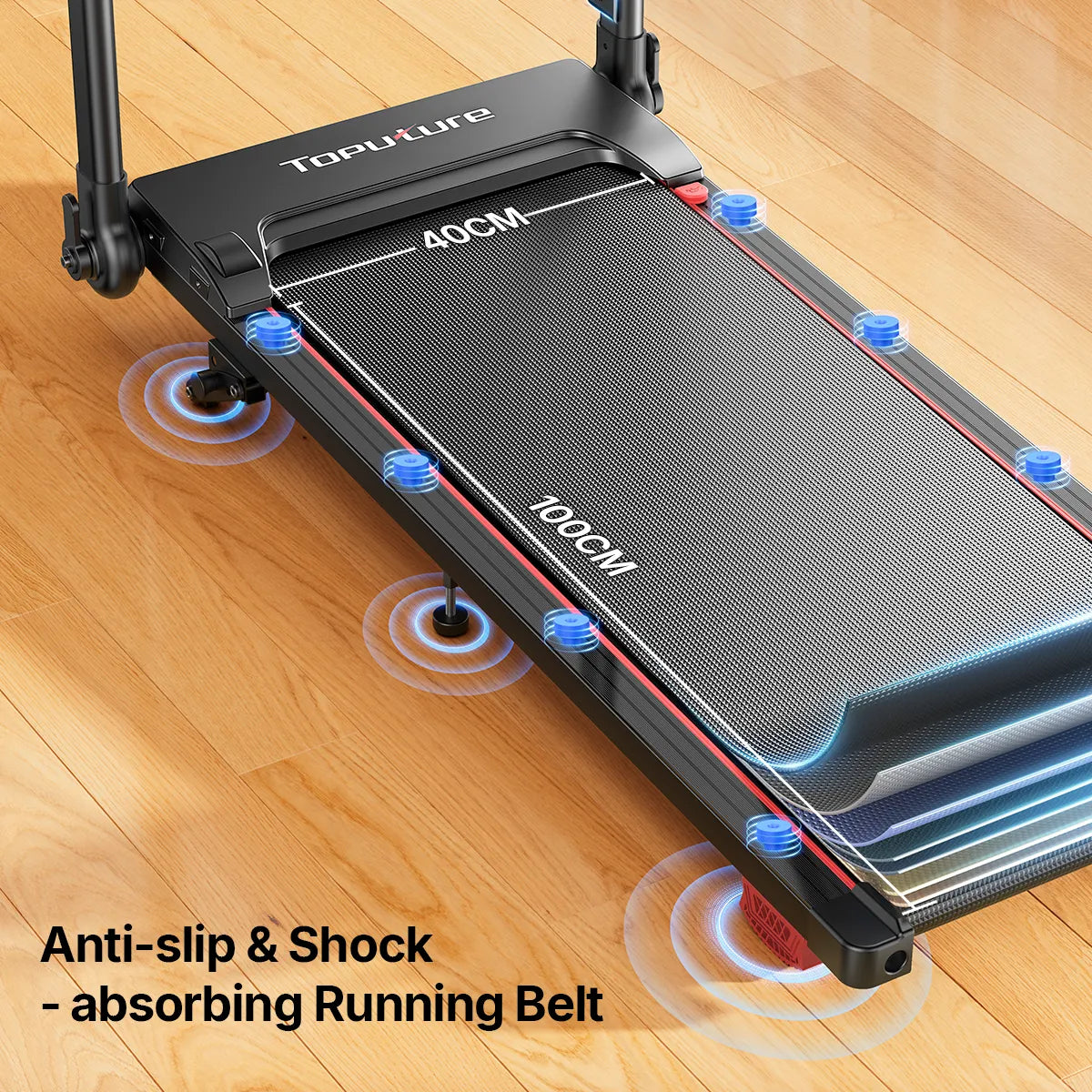 TP7 treadmill with 8 shock absorption points and 7 layers of cushioning, plus a 40" x 16" running belt. 
