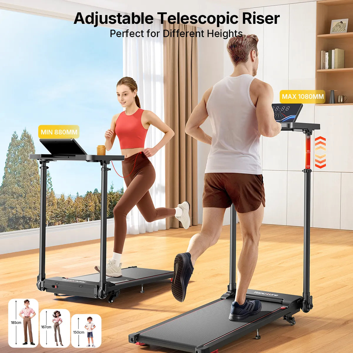 TP7 treadmill upright riser adjustable from 35 inches to 43 inches, comfortably fitting different family member heights.