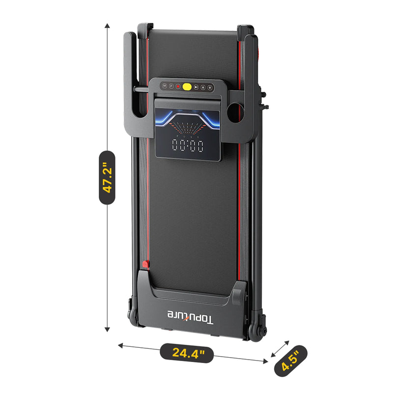 Foldable treadmill with digital display and dimensions on a white background