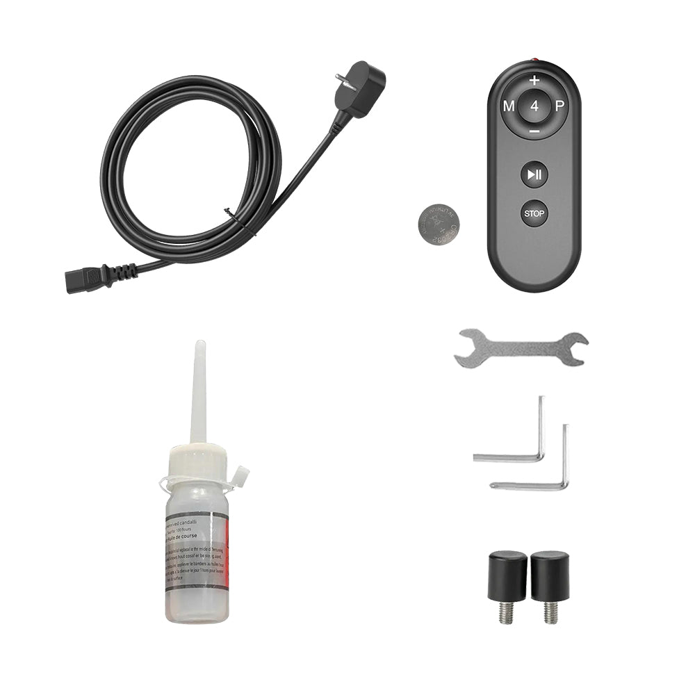 The Toputure TP8 treadmill accessory pack includes a EU standard power cord, remote control, lubricant, replacement screws, and auxiliary tools.