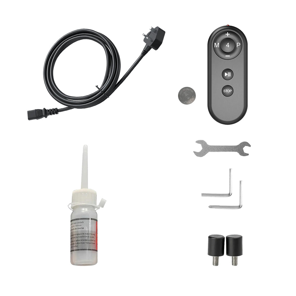 The Toputure TP8 treadmill accessory pack includes a UK standard power cord, remote control, lubricant, replacement screws, and auxiliary tools.
