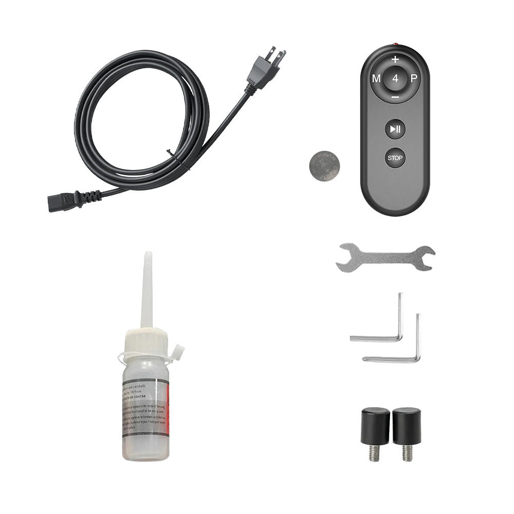 The Toputure TP8 treadmill accessory pack includes a US standard power cord, remote control, lubricant, replacement screws, and auxiliary tools.