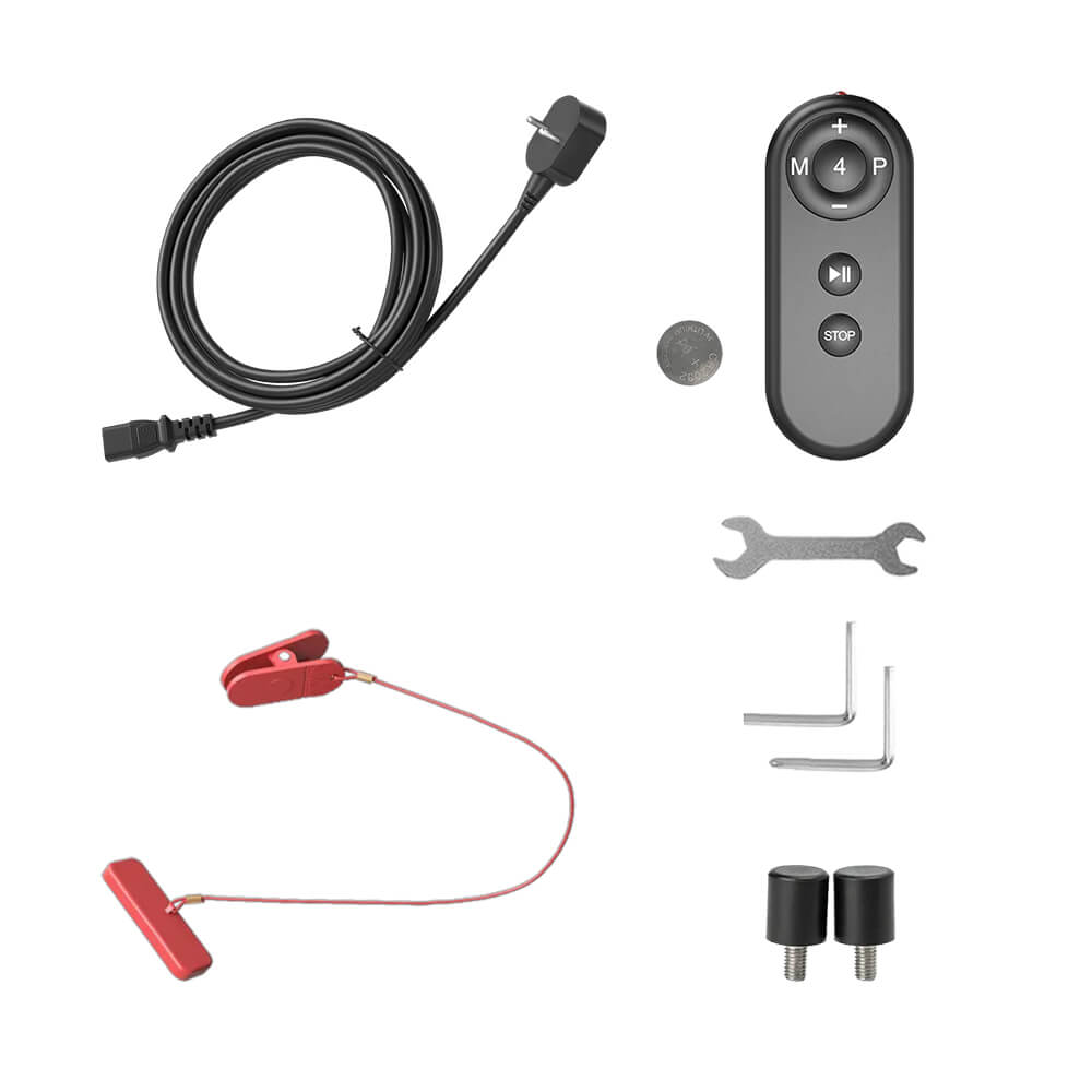 Toputure TP8 treadmill accessory pack with EU power cord, remote control, safety key and assembly tools.