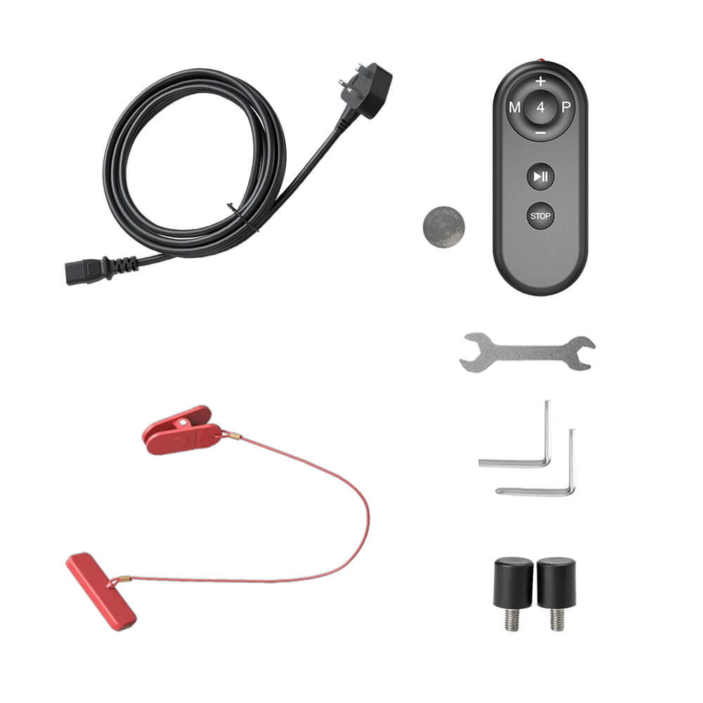 Toputure TP8 treadmill accessory pack with UK power cord, remote control, safety key and assembly tools.