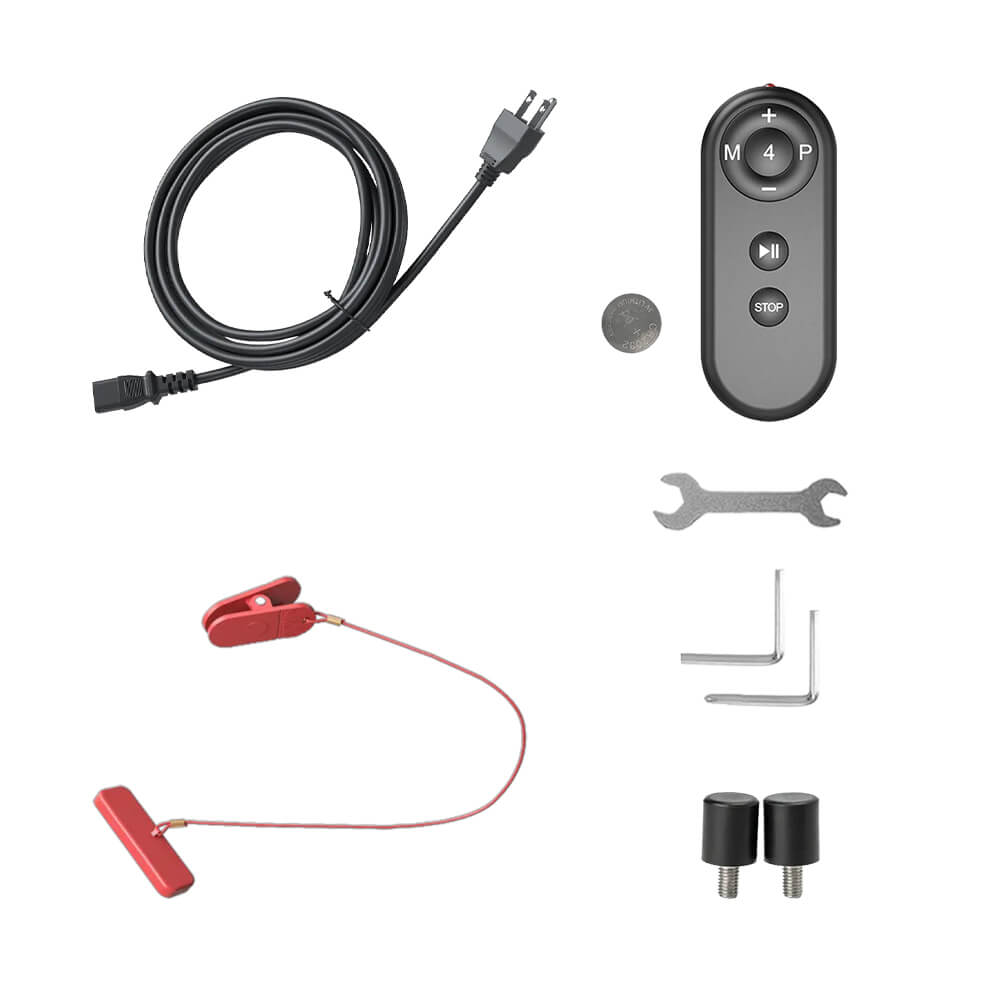 Toputure TP8 treadmill accessory pack with US power cord, remote control, safety key and assembly tools.