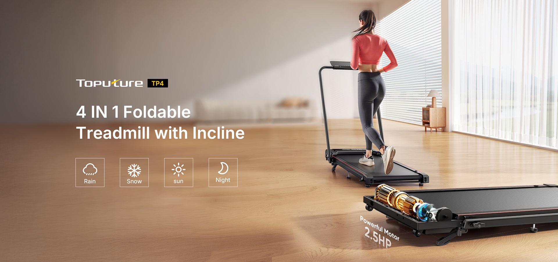 A woman runs on TP4 home treadmill, with its high-performance 2.5HP motor visible behind her for strong, smooth workouts.