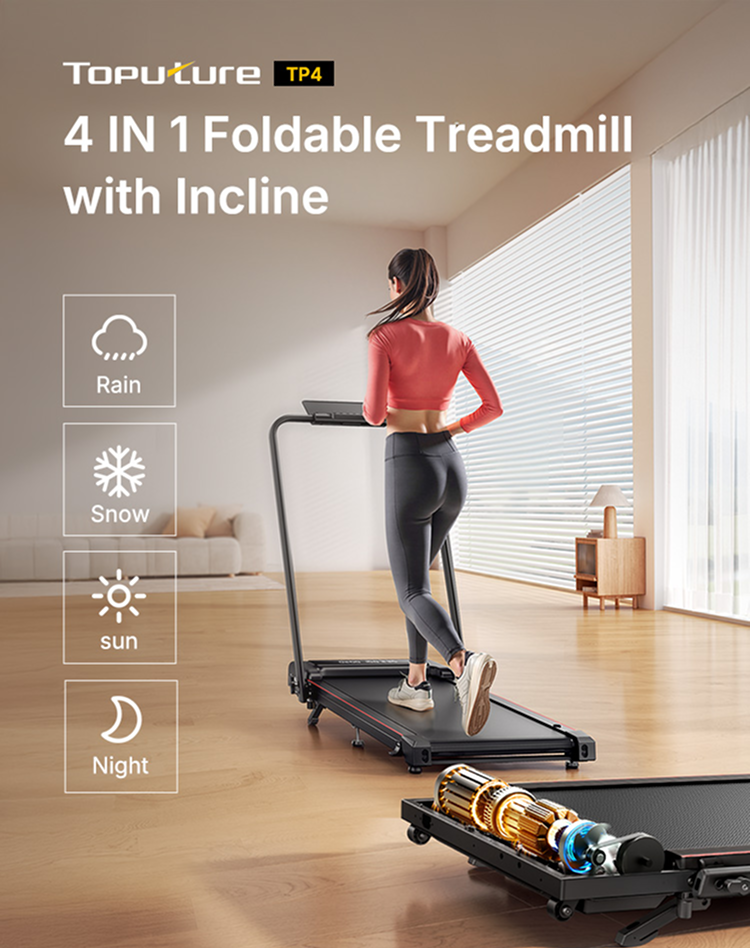 A woman runs on TP4 home treadmill, with its high-performance 2.5HP motor visible behind her for strong, smooth workouts.