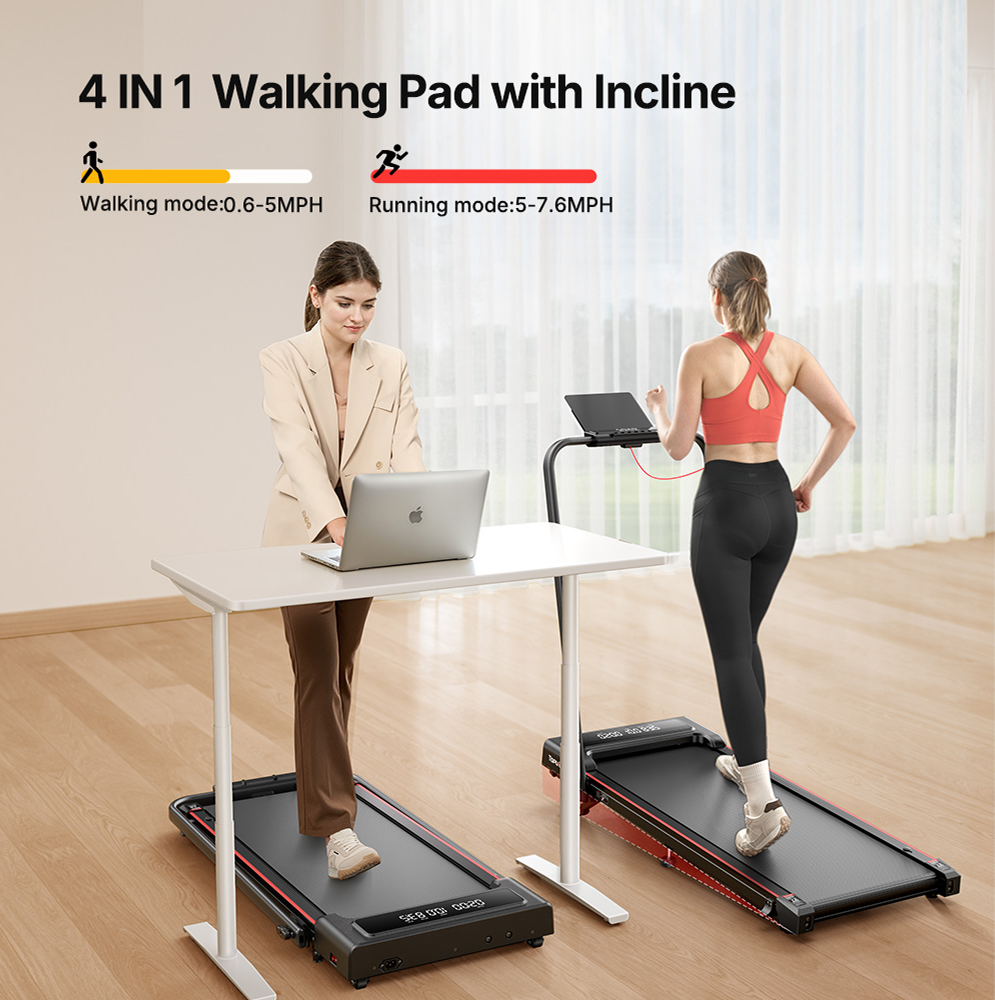 One machine, four uses: TP4 walking pad treadmill is designed for walking, running, incline climbing, and under-desk work.