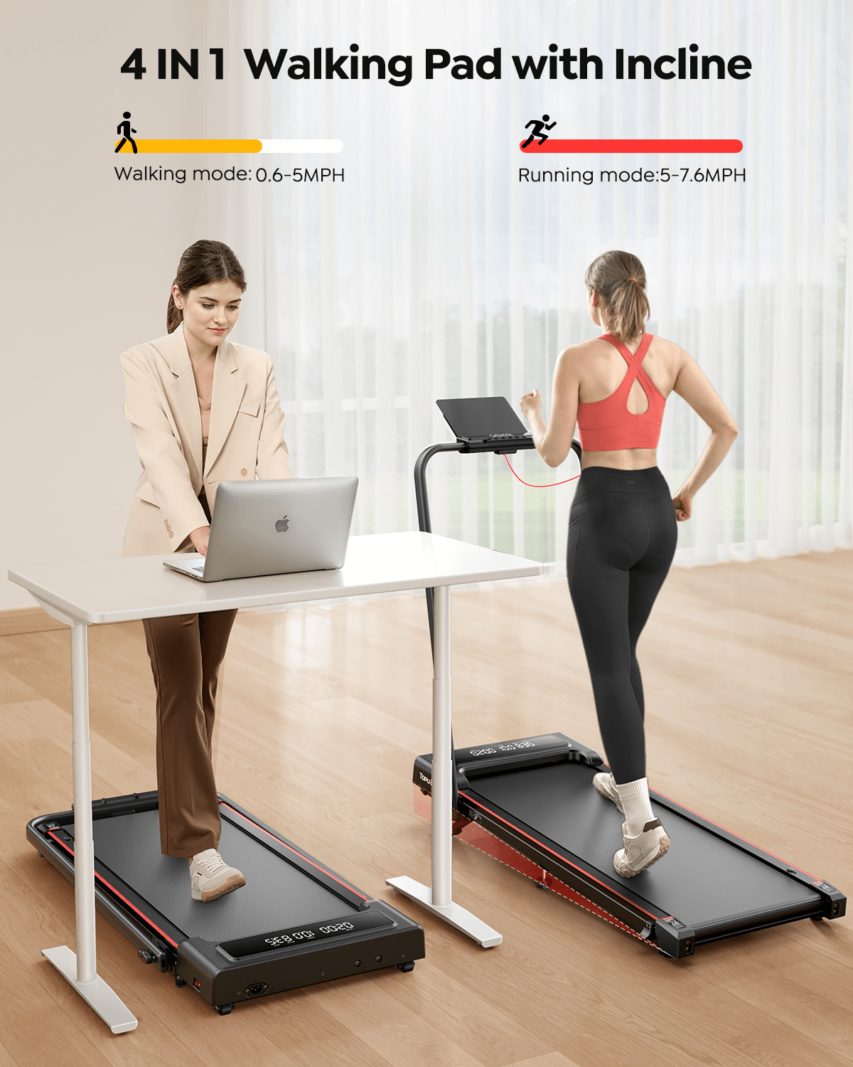 Toputure TP4 2 in 1 treadmill for home with 9% manual incline, walking, running, and under-desk walking modes.