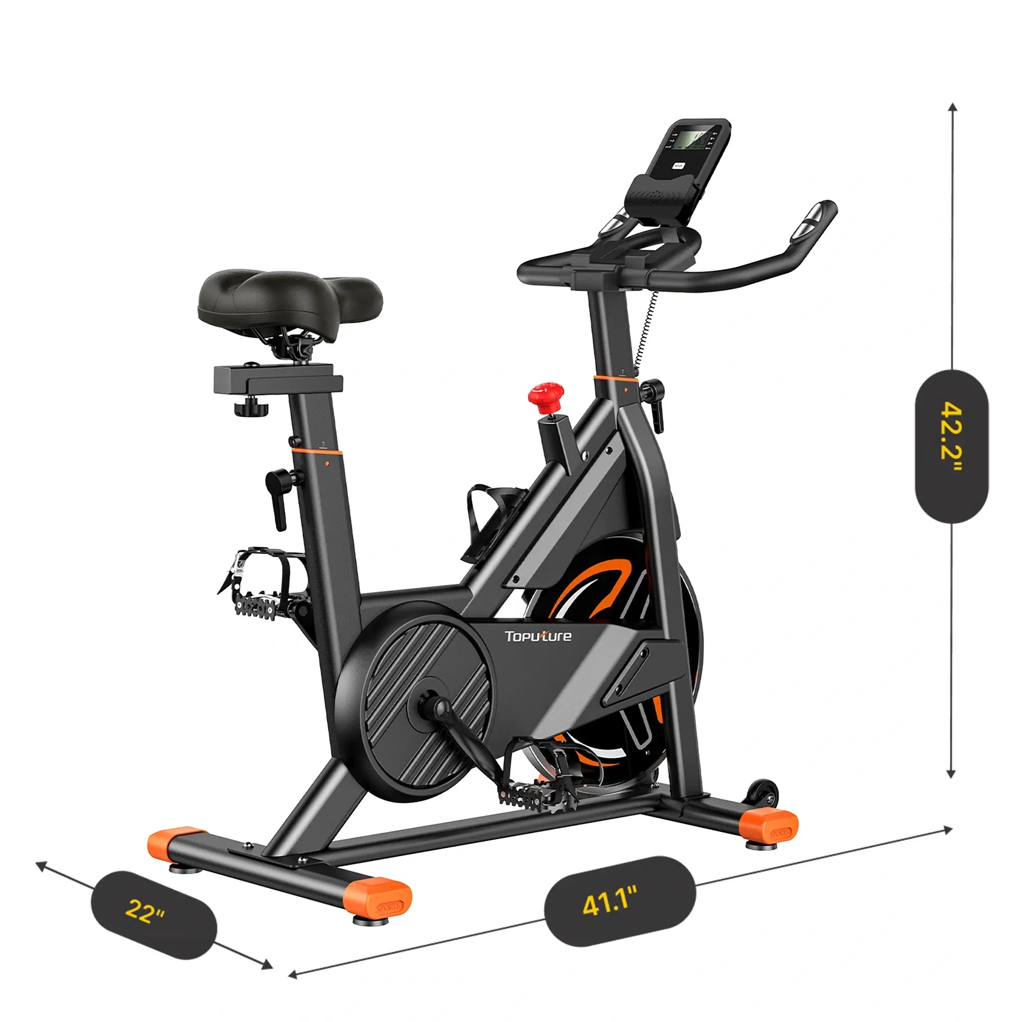 Toputure TEB3 compact exercise bike with product dimensions for home gym and indoor cycling workouts.