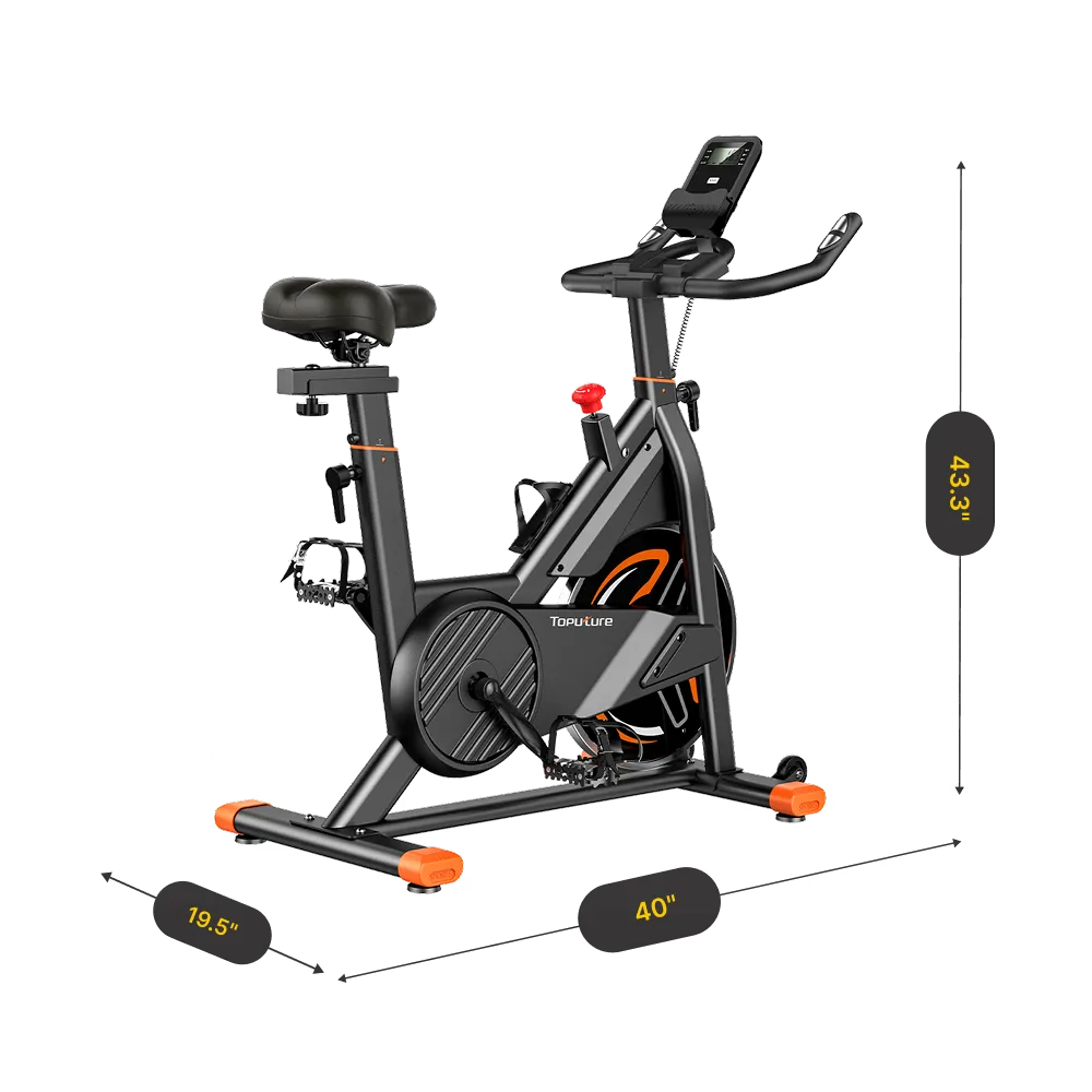 Indoor exercise bike with dimensions displayed on a white background