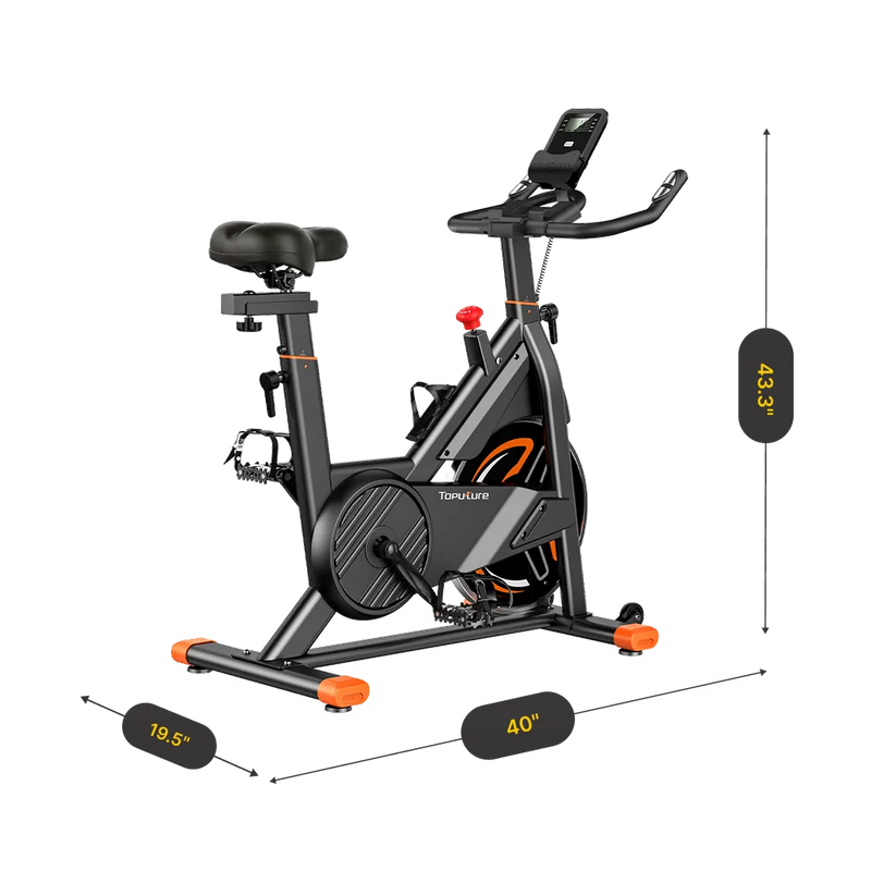 Indoor exercise bike with dimensions displayed on a white background