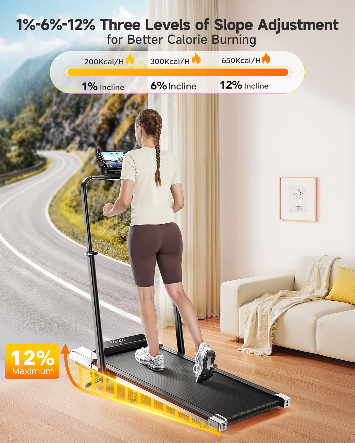 A woman walking on the TP6 home treadmill set to its maximum 12% incline level for an intense workout.