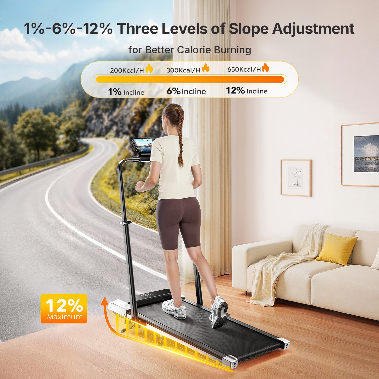 A woman walking on the TP6 home treadmill set to its maximum 12% incline level for an intense workout.