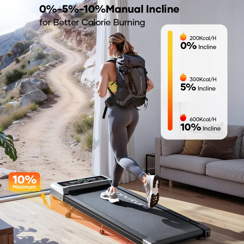 Switch seamlessly between 0% for desk walking, 5% for steady calorie burn, and 10% for powerful climbs — all without tools or interruption.