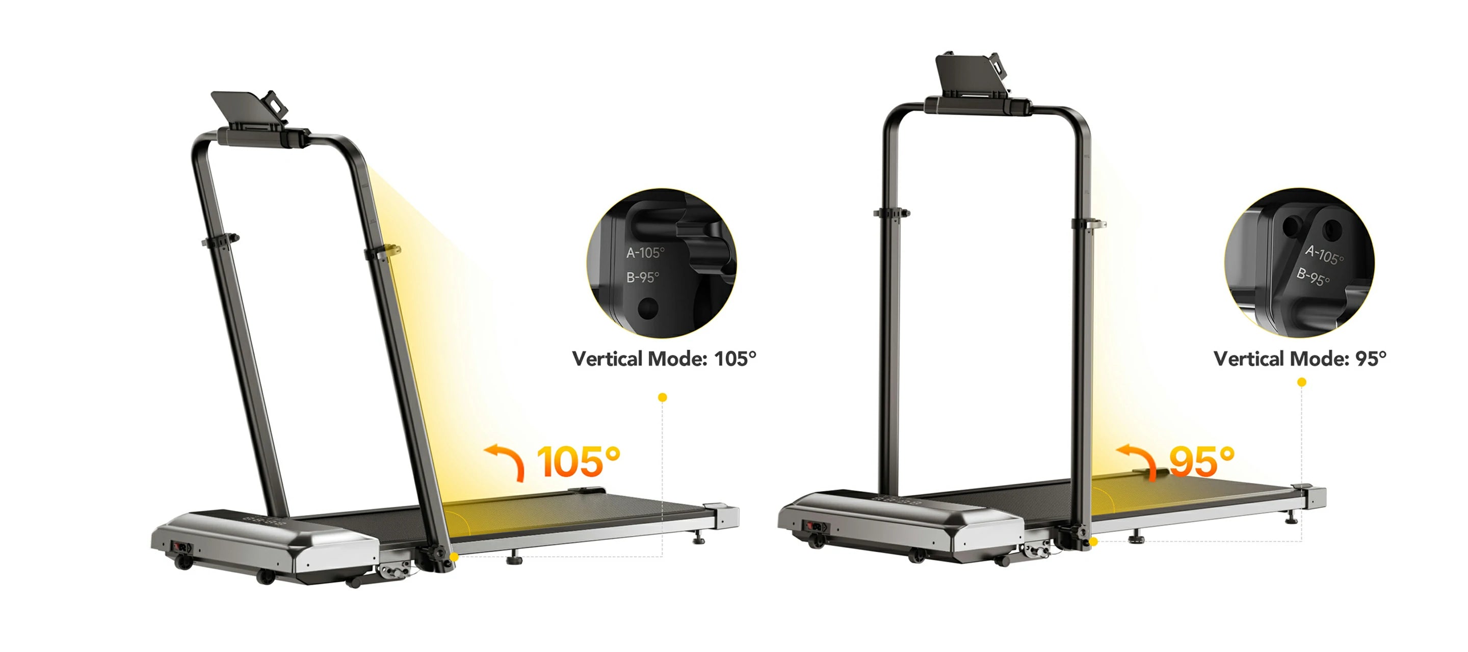 Two treadmills shown side‑by‑side with different upright angles: 105° for gentle support, 95° for compact storage, illustrating adjustable posture options.

