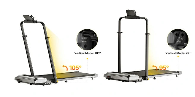 Two treadmills shown side‑by‑side with different upright angles: 105° for gentle support, 95° for compact storage, illustrating adjustable posture options.
