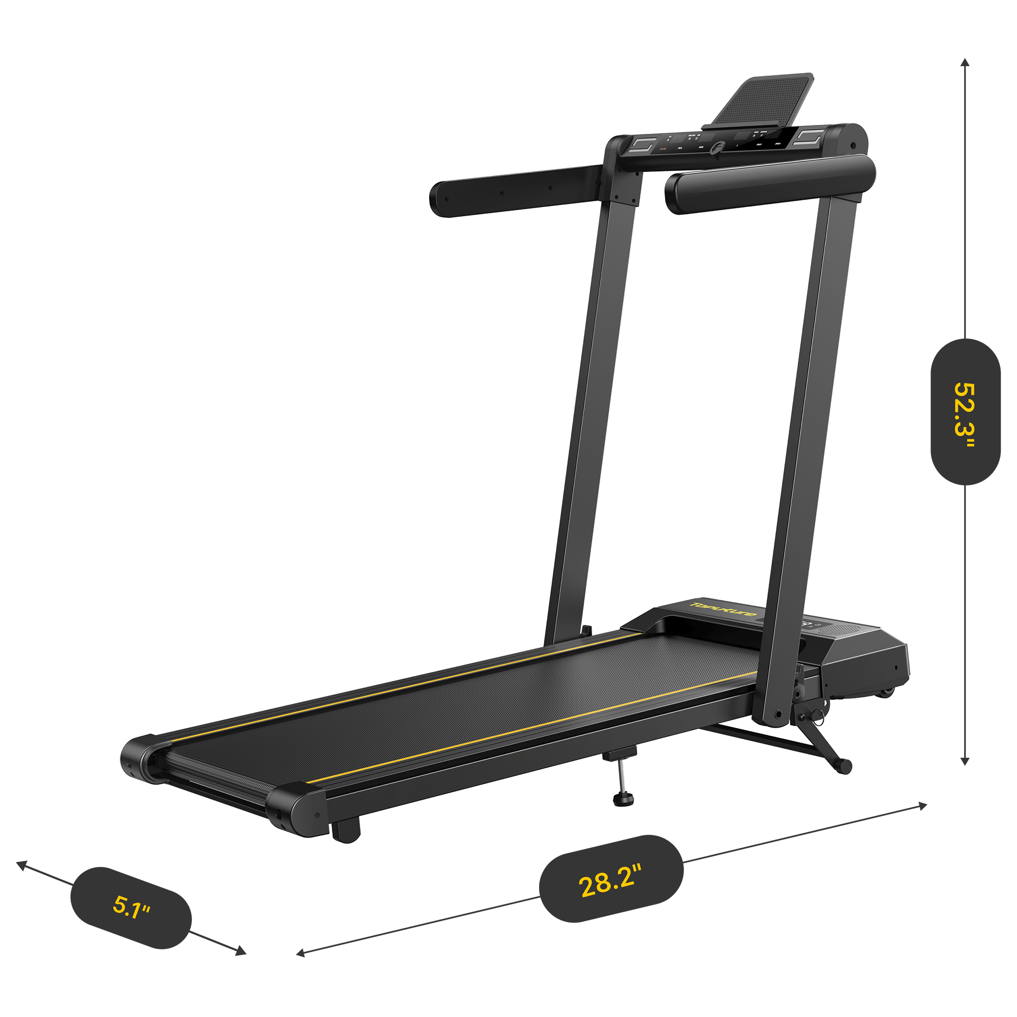 Dimensions of the Toputure TP5 folded treadmill: 52.3 inches high, 28.2 inches wide, and 5.7 inches thick; space-saving design.