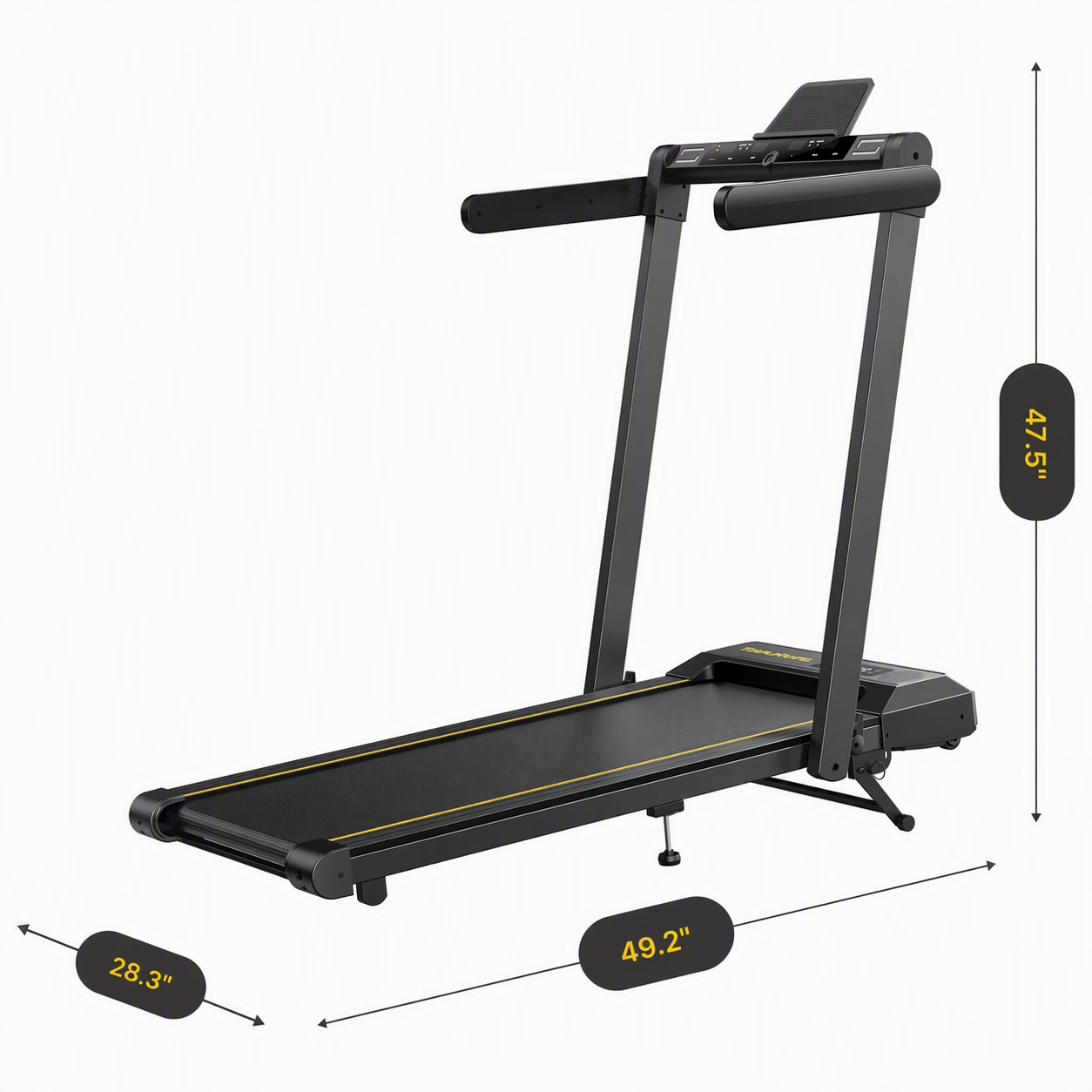 Dimensions of the Toputure TP5 folded treadmill: 52.3 inches high, 28.2 inches wide, and 5.7 inches thick; space-saving design.
