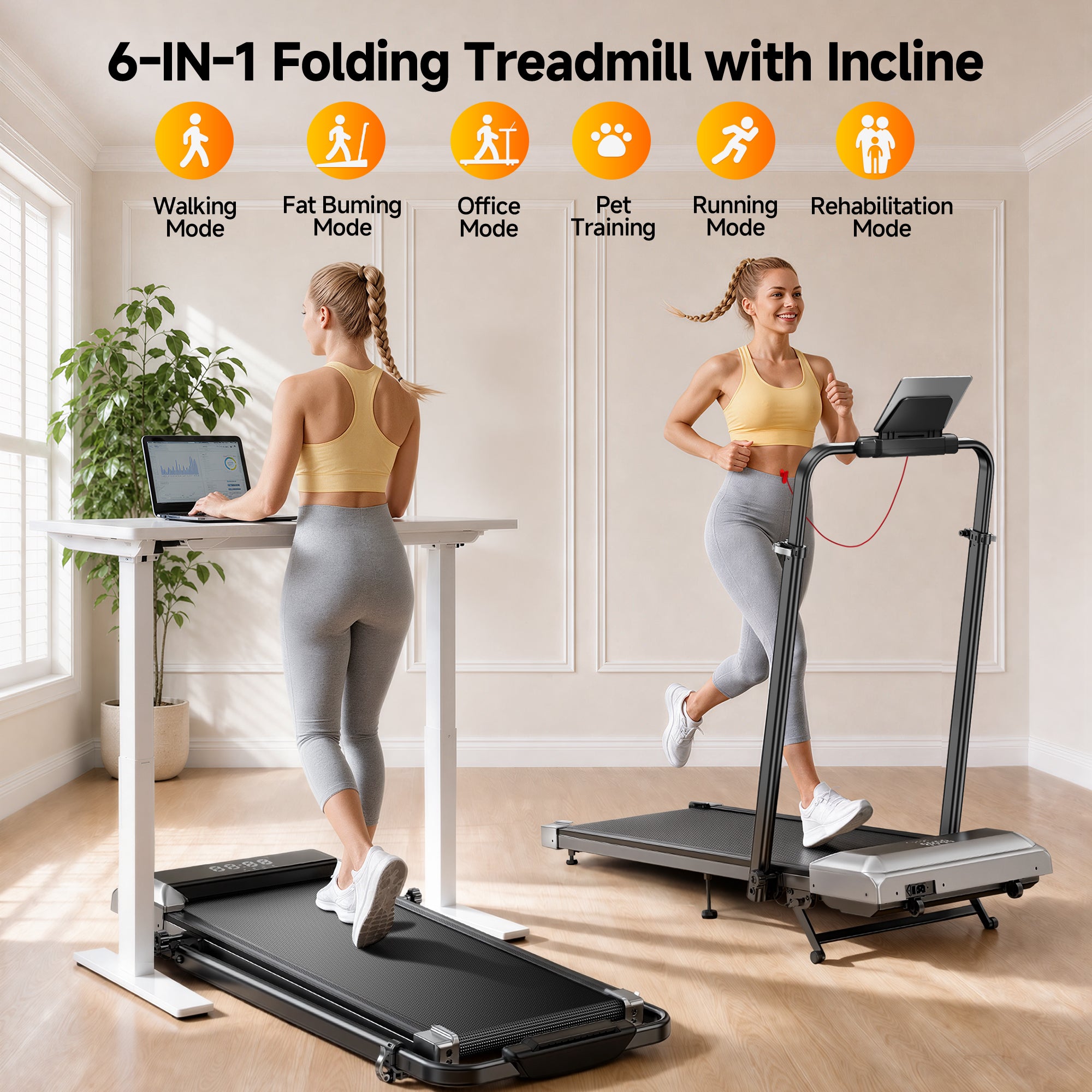 Toputure TP6 treadmill with multiple workout modes including walking, running, office walking, and rehabilitation.