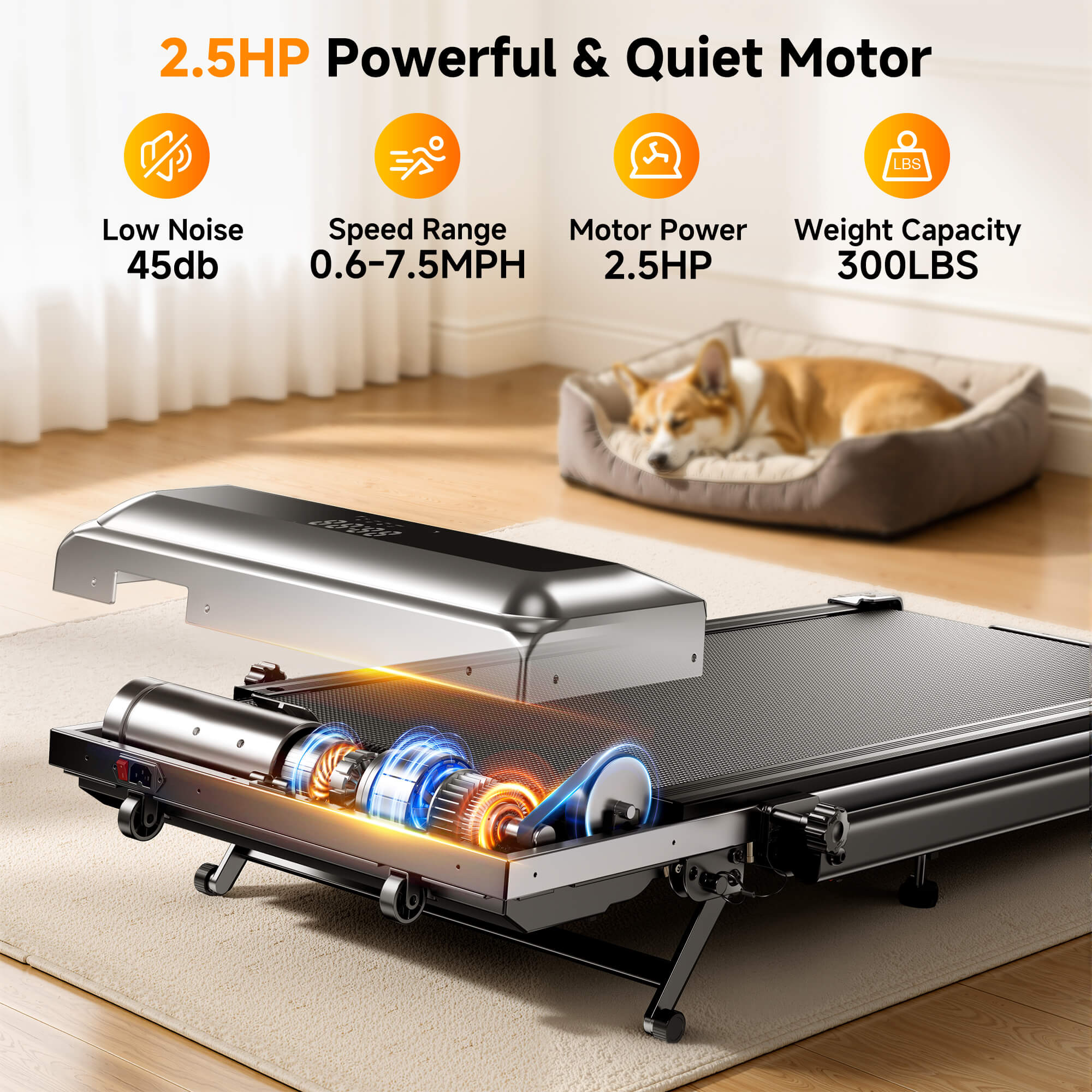 Toputure TP6 treadmill with a quiet 2.5HP motor, low-noise operation, and strong performance for comfortable home workouts.