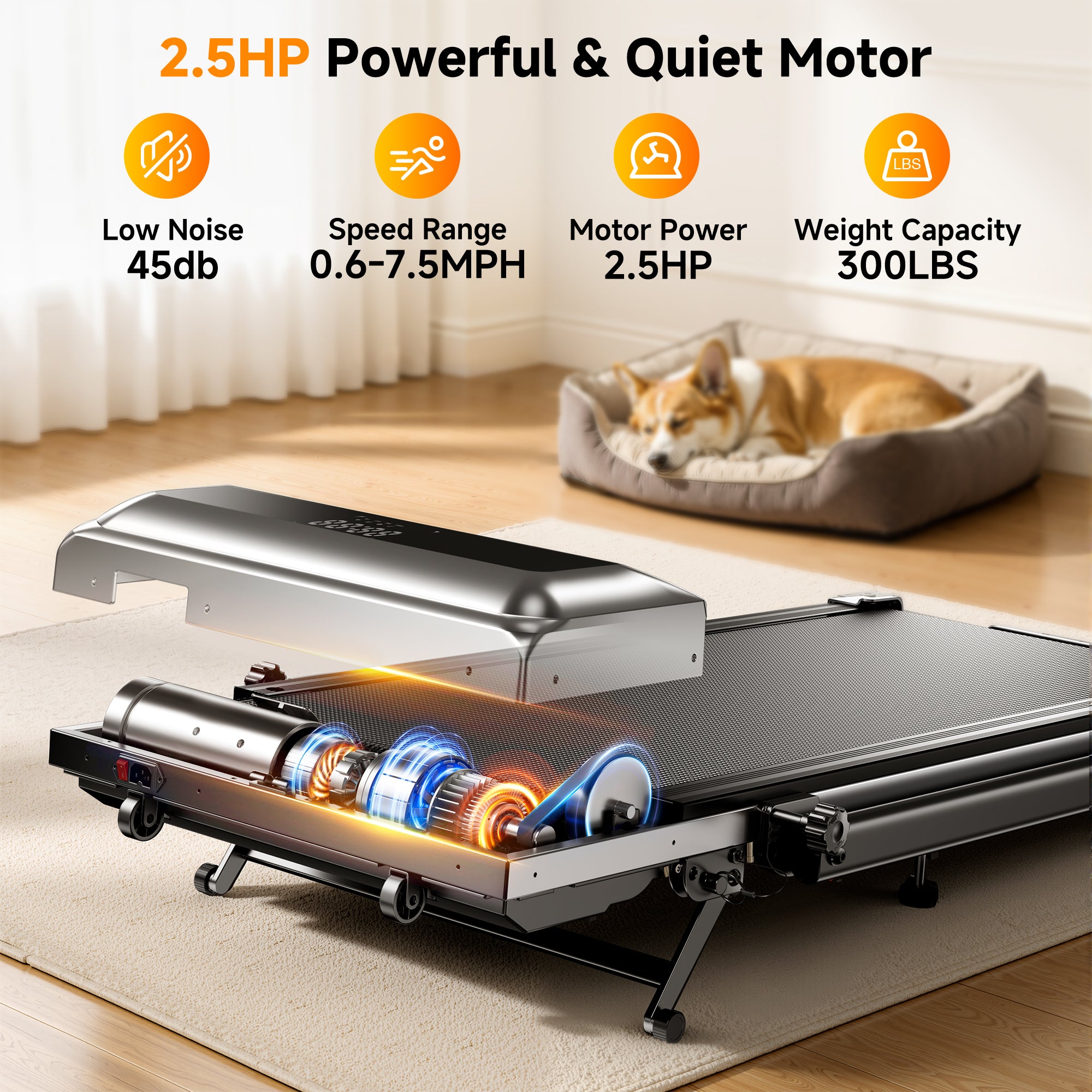 Toputure TP6 treadmill with a quiet 2.5HP motor, low-noise operation, and strong performance for comfortable home workouts.