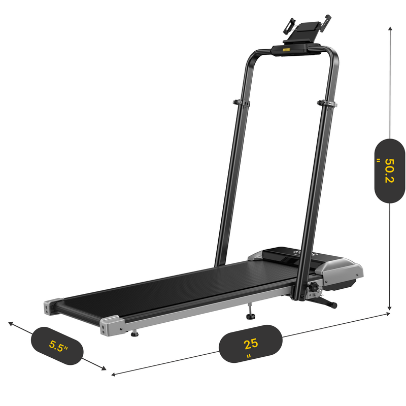 Toputure TP6 treadmill dimensions showing compact design with 50.2-inch height, 25-inch width, and 5.5-inch thickness for easy home storage.