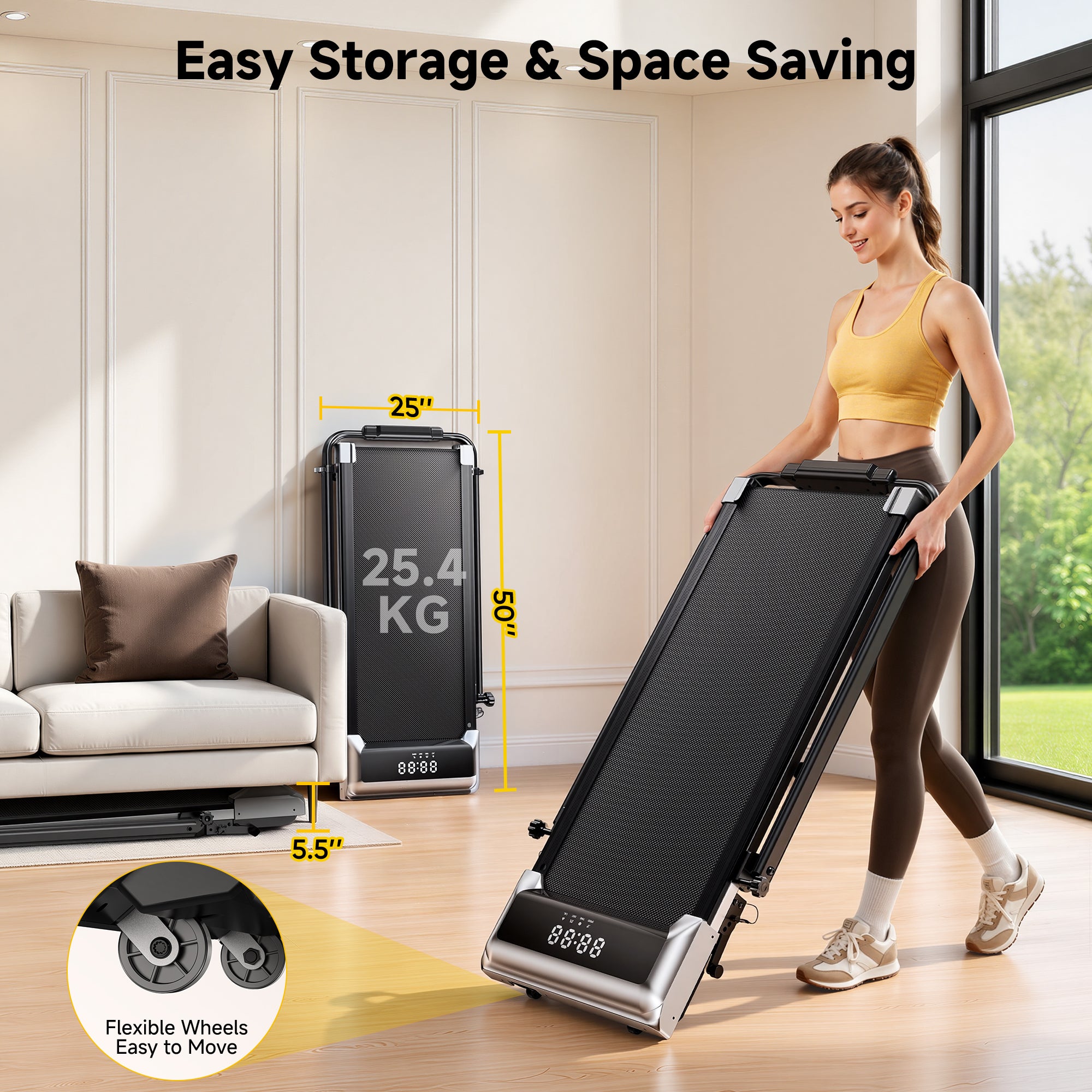 Toputure TP6 folding treadmill with compact storage design and built-in wheels for easy movement around the home.