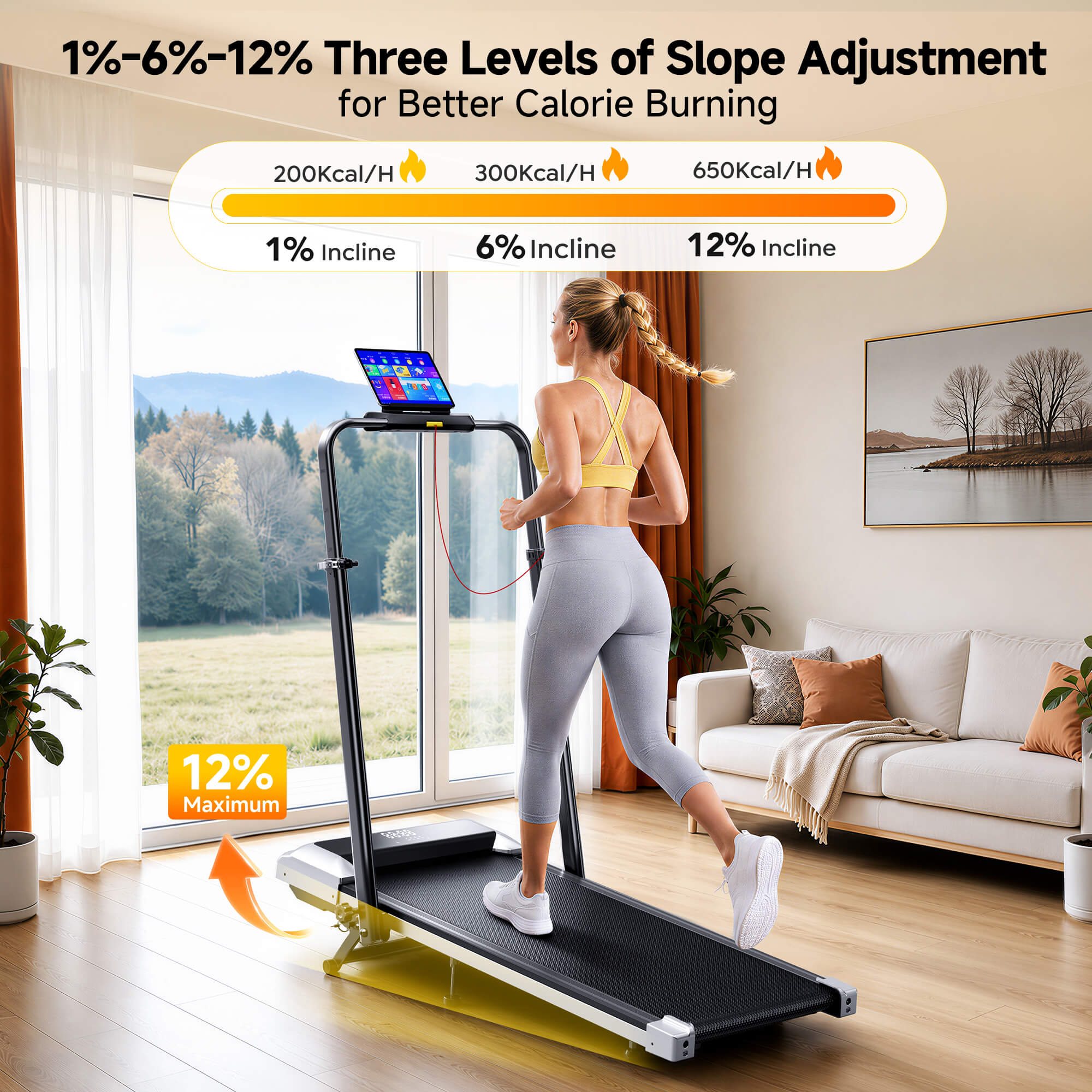 Toputure TP6 incline treadmill with 3-level manual incline adjustment from 1% to 12% for calorie-burning home workouts.